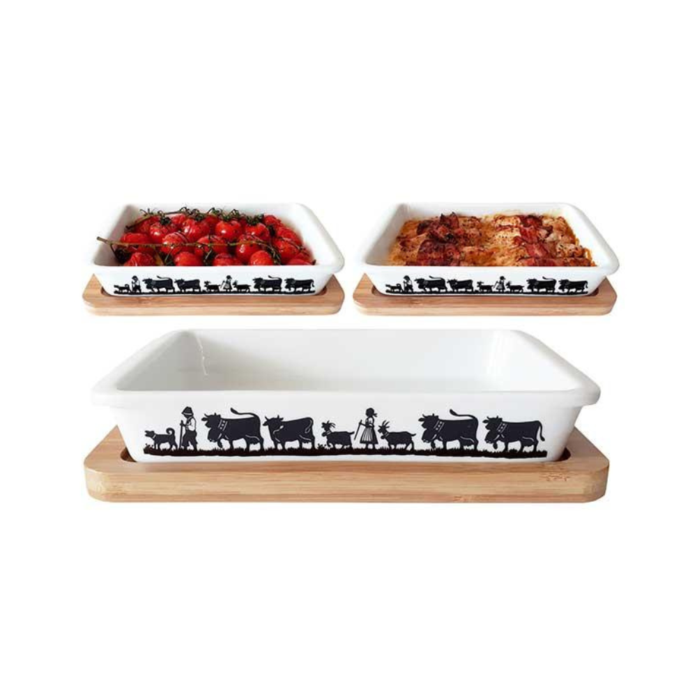 Keramik Gratin & Bamboo-Servierbrett